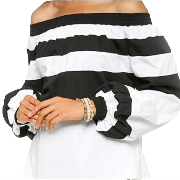 MLM Off Shoulder Black & White Wide Striped Cropped Puffy Long Sleeve Top  XS - Picture 1 of 13